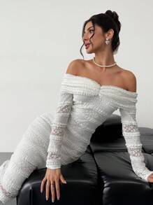 Firerie 女士优雅简约浪漫精致魅力时尚 Ins 风格露肩蕾丝纹理面料长袖紧身白色鸡尾酒礼服适合情人节、约会、日常、派对、秋冬/春季