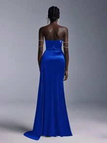 Elitara 优雅露肩串珠领口和袖子，泡泡下摆，侧褶，高开叉，女士美人鱼晚礼服（重磅款式）正式舞会婚礼宾客礼服，适合毕业典礼、晚宴 - 寶藍色 - 查看 2