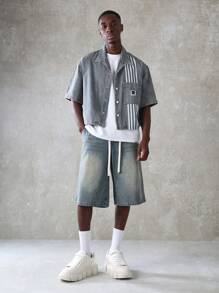 SUMWON 街头潮流宽松牛仔衬衫夹克赛车条纹设计纽扣休闲短袖夏季春季时尚外套