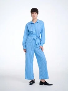 SHEIN Clasi Damen 2024 Neuer Modischer gestreifter Jumpsuit (zufällig Muster) - Blau - Übersicht 4