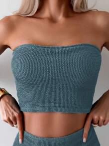 Swim Basics 女士纯色纹理泳衣比基尼套装，适合度假和夏季海滩 - 水鴨藍 - 查看 5