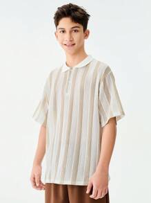 SHEIN 1pc Oversized Textured Knit Polo Shirt For Teenage Boys, American Streetwear Style, Vintage Collar T-Shirt, Suitable For School, Travel, Daily Wear, Skateboarding, Music Festivals, Clean Fit - White - View 4