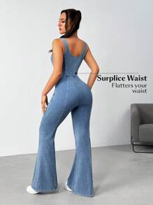 Flexra 女士前口袋纽扣休闲百搭牛仔连身裤 - 藍色 - 查看 2