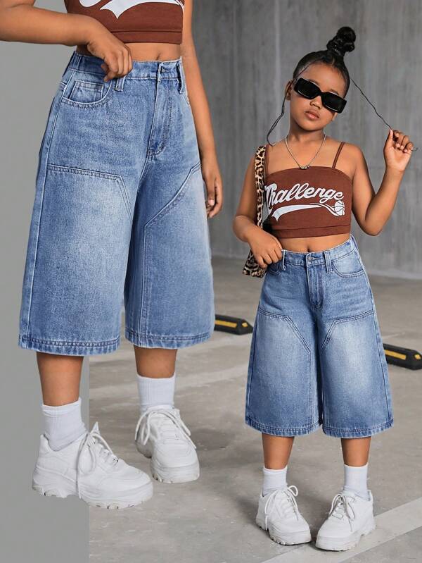 SHEIN Pantalones cortos vaqueros de pierna ancha de longitud hasta la rodilla estilo lavado casual y holgado para niñas preadolescentes con estilo retro Y2K de los años 2000, ropa de primavera y verano para chicas boho, conciertos, festivales y vuelta al colegio con estilo urbano