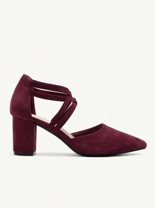 CUCCOO CHICEST Burgundy Faux Suede Elastic Ankle Strap Pointed Toe Chunky High Heel Pumps, Fashion Dress Shoes For Commuting, Dating, Party, Wedding, Holiday Spring Shoes Spring Break Easter Prom Heels