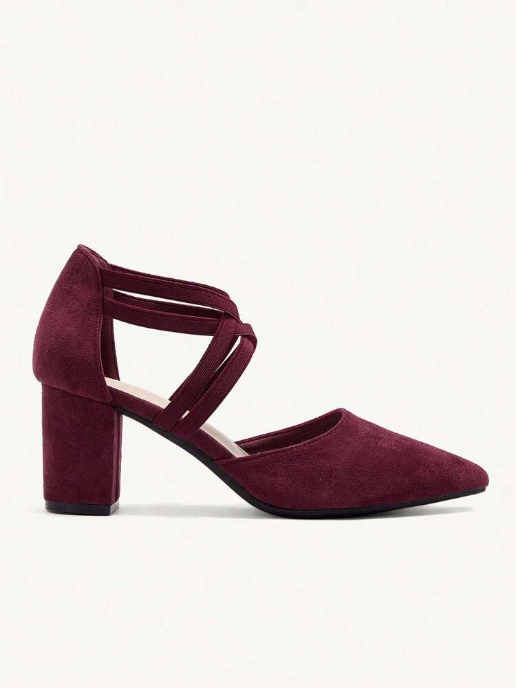 CUCCOO CHICEST Burgundy Faux Suede Elastic Ankle Strap Pointed Toe Chunky High Heel Pumps, Fashion Dress Shoes For Commuting, Dating, Party, Wedding, Holiday Summer Shoes Summer Break Easter Prom Heels For Christmas Elegant Shoes Wedding Shoes Summer Shoes Bride Shoes