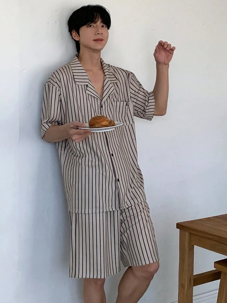 Men's Striped Fabric Shirt & Shorts Set, Summer Pajamas