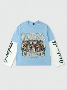 ROMWE MEN Street Life Men's Thick 2 In 1 Patchwork Long Sleeve T-Shirt, Streetwear - Blue and White - View 1