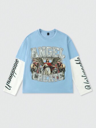 Street Life Camiseta de manga larga de patchwork gruesa de 2 en 1 para hombre, ropa de calle