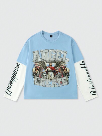 Street Life Camiseta de manga larga de patchwork gruesa de 2 en 1 para hombre, ropa de calle