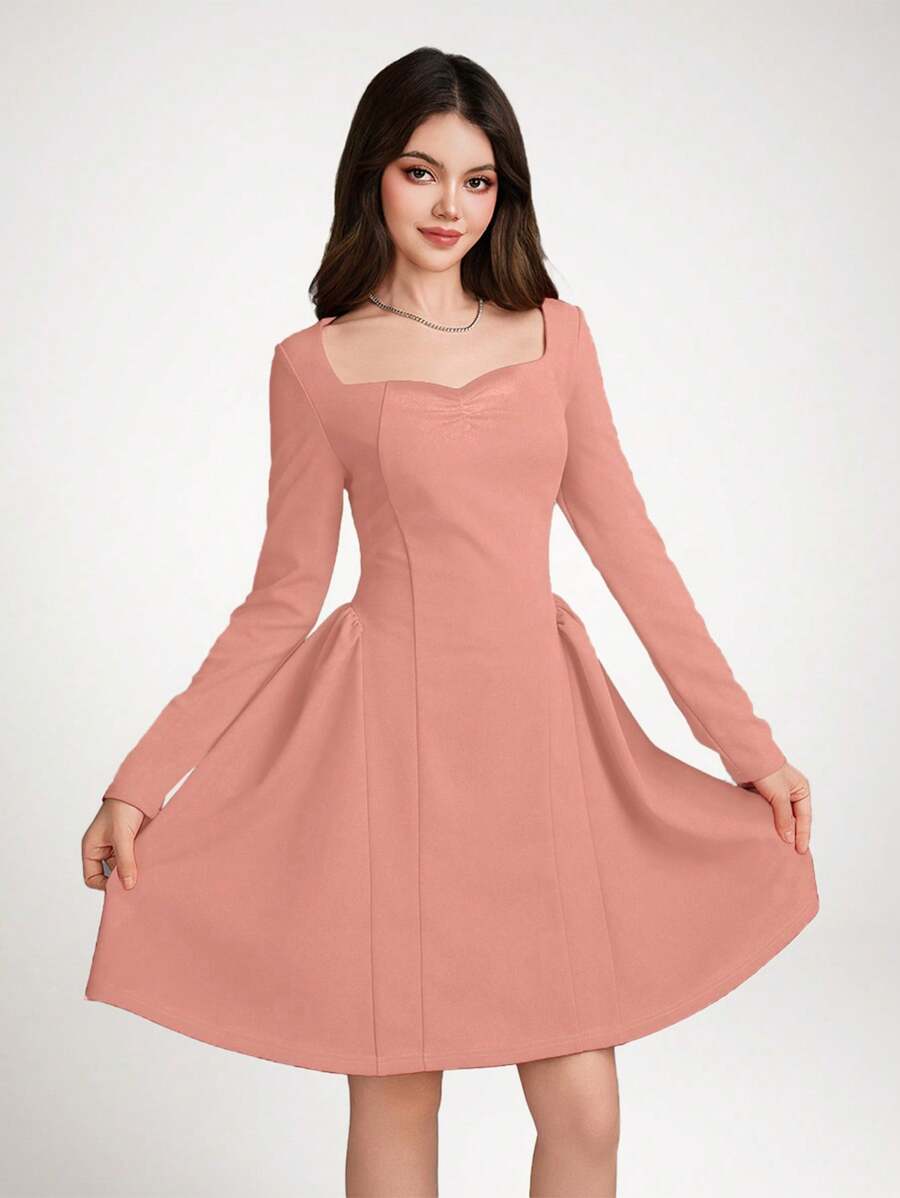 SHEIN Đầm dài tay trễ vai cổ thuyền sang trọng thanh lịch cho bé gái tuổi teen, thích hợp cho tiệc sinh nhật, tiệc cocktail, ngày lễ tình nhân, màu hồng - Bụi hồng - Xem 1