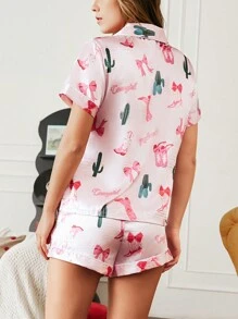 Chillnights 女士仙人掌印花单排扣短袖上衣和短裤睡衣套装 - 彩色 - 查看 2
