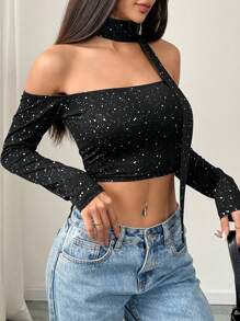 Chiquease Women Off Shoulder Short Sleeve T-Shirt With Necktie, Tight Fit, For Party And Everyday Wear, Spring