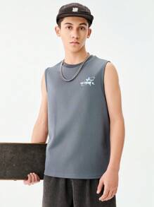 SHEIN 1pc Clean Fit Sleeveless T-Shirt For Teenage Boys, Loose Fit, Suitable For Hip Hop, Basketball, Sports, Skateboarding, Music Festival, Street Wear, Summer