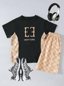 SHEIN Explorewe 2 件 Tween Boy 时尚花卉印花金色 T 恤和休闲短裤套装