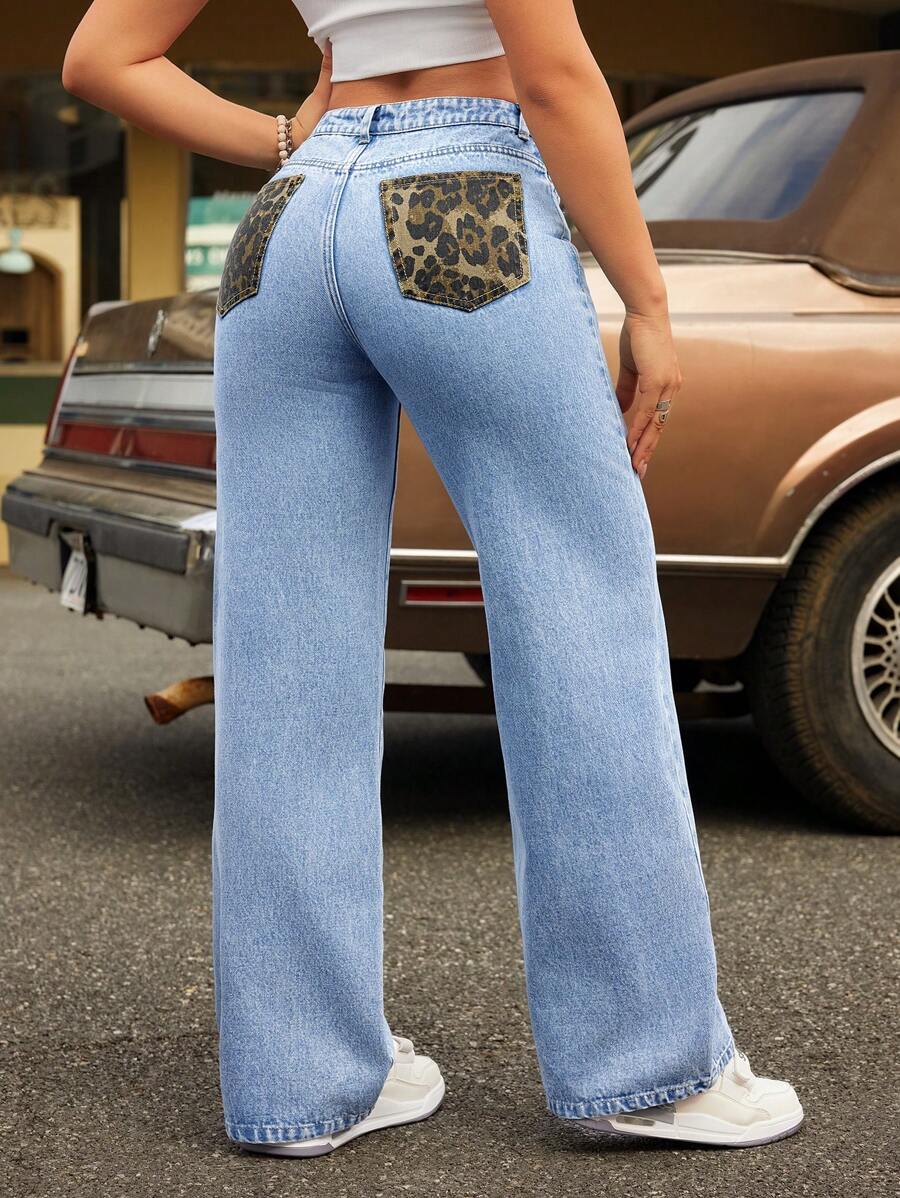 SHEIN ICON Pantalones vaqueros casuales de mujer con bolsillos y estampado de leopardo lavado - Azul - Ver 1