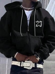 RueChic Men Cottonline Street Style Gothic Letter Printed Regular Zipper Hoodie - Black - View 1