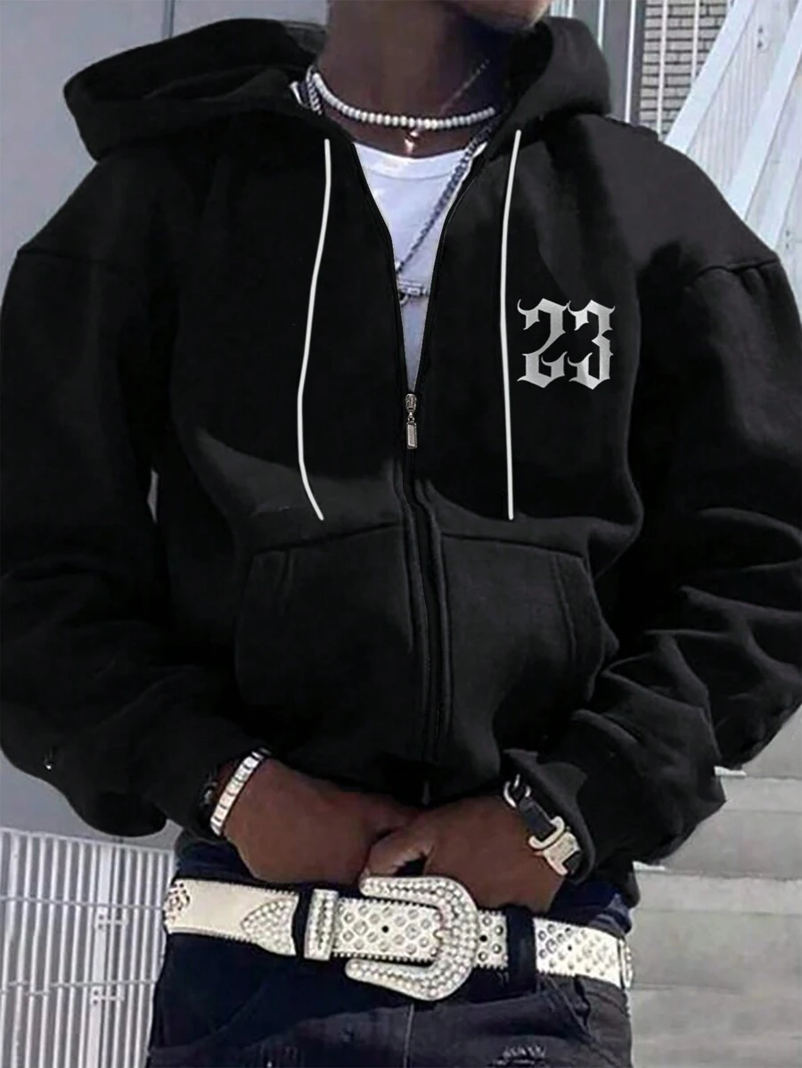 RueChic Men Cottonline Street Style Gothic Letter Printed Regular Zipper Hoodie - Black - View 1