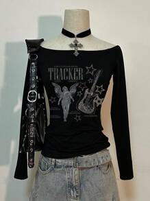 Attitoon 女士休闲复古吉他与天使露肩紧身长袖 T 恤，百搭 - 黑色 - 查看 1