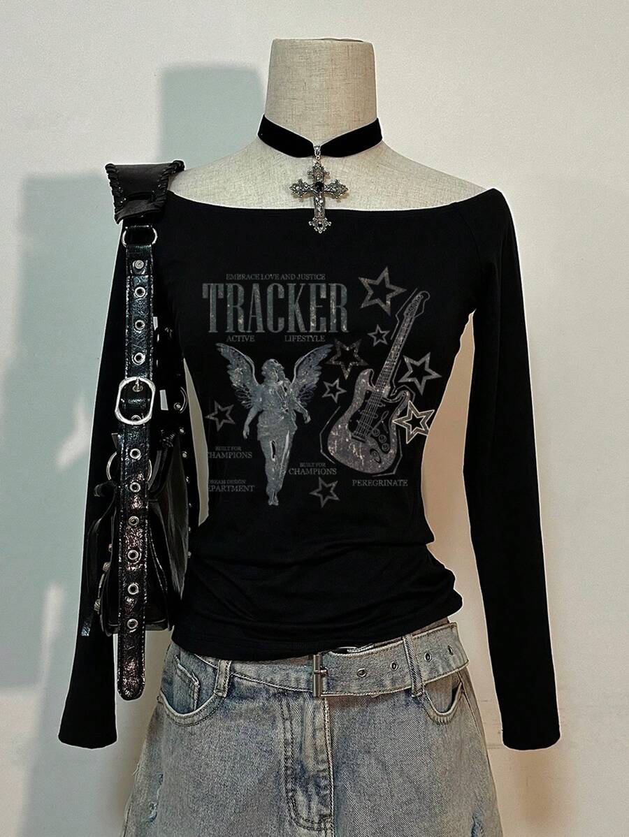 Attitoon 女士休闲复古吉他与天使露肩紧身长袖 T 恤，百搭 - 黑色 - 查看 1