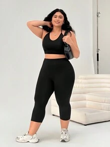 Solflare 黑色加大码女士健身服、七分紧身裤、春夏装 - 黑色 - 查看 3