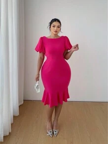 Elenzga Plus Size Women Solid Color Crew Neck Short Sleeve Ruffle Decor Casual Midi Dress