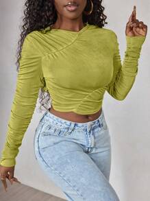 BamGleam Women's Ruched Long Sleeve Cropped Top, Casual & Vacation Wear Fall Cloth For Women - Olive Green - View 3