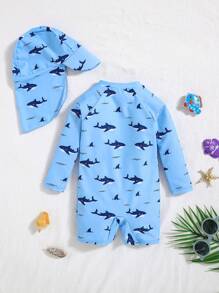SHEIN 2pcs Baby Boy Summer Casual Holiday Cute Knit Cartoon Shark Print Rash Guard Swimsuit And Sun Hat Set, Suitable For Beach, Hot Spring And Swimming
