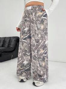 SHEIN EZwear Pantalones largos casuales con estampado tejido para mujer de talla grande, minimalista y de moda para uso diario