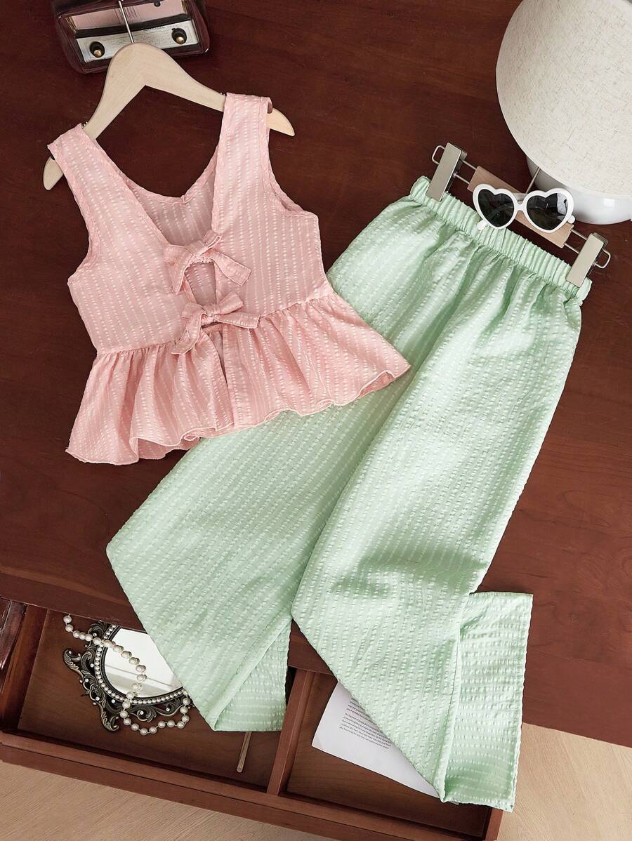 SHEIN Tween Girls Loose Casual Korean Style Lace-Up Strap Ruffle Trim Top & Shorts 2pcs Set - Pink - View 1
