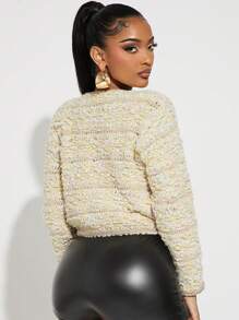 SHEIN SXY Niche Style Round Neck Multiple Pockets Decorative Mixed-Color Knitted Cardigan - Apricot - View 2