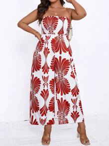 SHEIN Clasi Plus Size Boho Bandeau Printed Casual Loose Jumpsuit, Everyday Wear, For Summer - Red - View 1