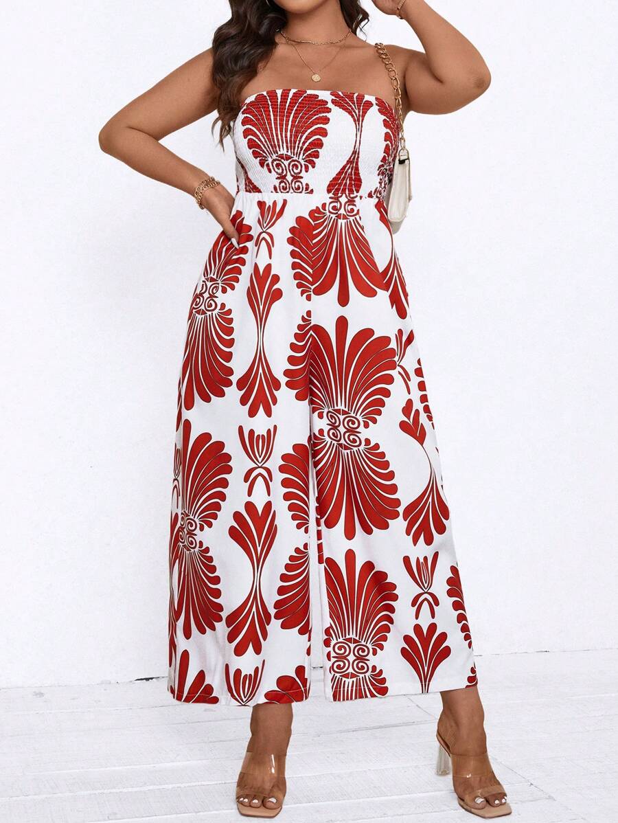 SHEIN Clasi Plus Size Boho Bandeau Printed Casual Loose Jumpsuit, Everyday Wear, For Summer - Red - View 1