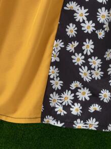 SHEIN 女童时尚花卉印花拼色荷叶边下摆中长连衣裙，适合夏季度假