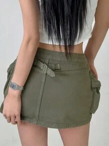 DAZY 女士3D口袋低腰迷你牛仔裙，四季皆宜的低腰牛仔裙 - 灰色 - 查看 2