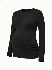 SHEIN 3-Piece Maternity Round Neck Long Sleeve Bodycon T-Shirt Set, Casual - Army Green - View 4