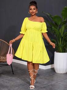 Slaydiva 大码女式轻盈喇叭 A 字形连衣裙，休闲清新 - 黃色 - 查看 2