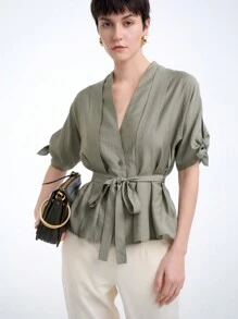 Aalyst Áo cánh tay ngắn cổ chữ V xếp nếp nơ trơn màu cho nữ, phong cách đi làm, xuân/hè - màu xanh lá - Xem 1