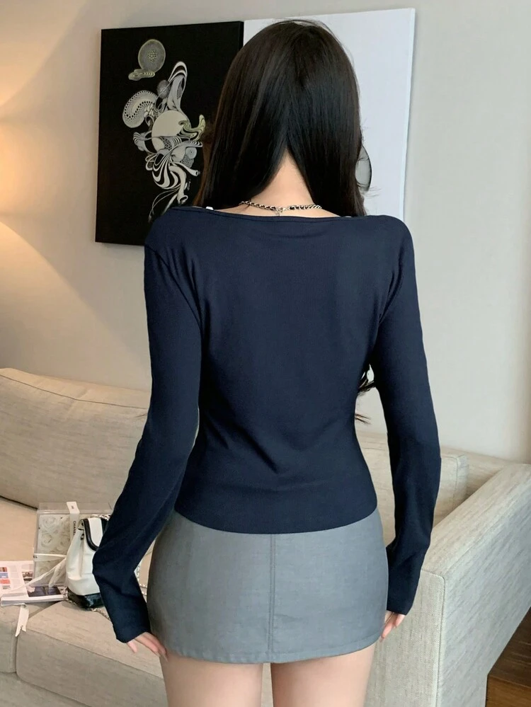 Women Patchwork Mock Wrap Front Crop Top Long Sleeve T-Shirt, Navy, Spring/Summer Graphic Tees Women