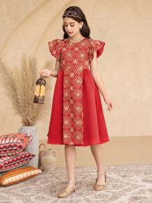 Tween Girls Elegant Embroidered Splice Cap Sleeve Dress - Green - View 5
