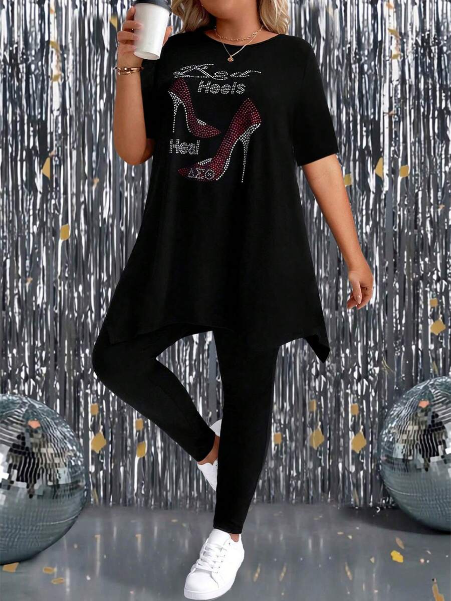 SHEIN LUNE Bộ 2 món/bộ đồ mặc nhà đơn giản, thoải mái, thanh lịch, giản dị dành cho nữ, cỡ lớn, màu đen, thích hợp cho mùa xuân và mùa hè - màu đen - Xem 1