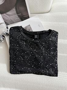 CovetEZ Plus Size Women's Round Neck Patchwork A-Line Solid Color Doll Dress T-Shirt - Black - View 4