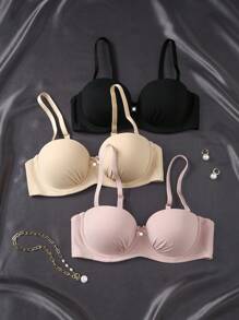 3 件套女士浪漫性感纯色带衬垫抹胸文胸，舒适简约风格，带钢圈