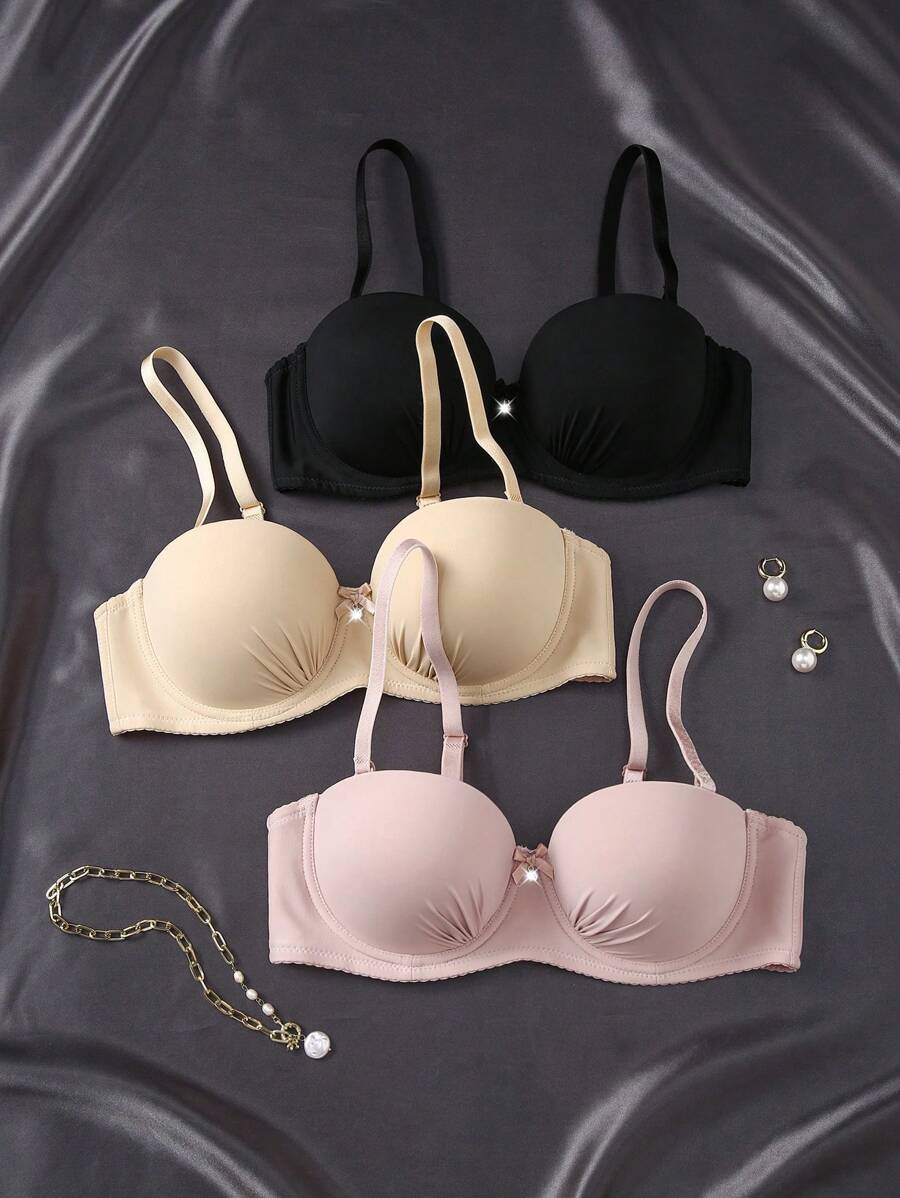 3 件套女士浪漫性感纯色带衬垫抹胸文胸，舒适简约风格，带钢圈