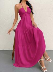 Firerie Vestido largo de mujer de gasa con cuello halter y espalda descubierta con lazo, para vacaciones, boda y eventos