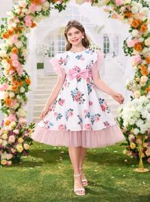 复古印花蝴蝶结装饰公主裙，欧美风格节日演出服 - 彩色 - 查看 4