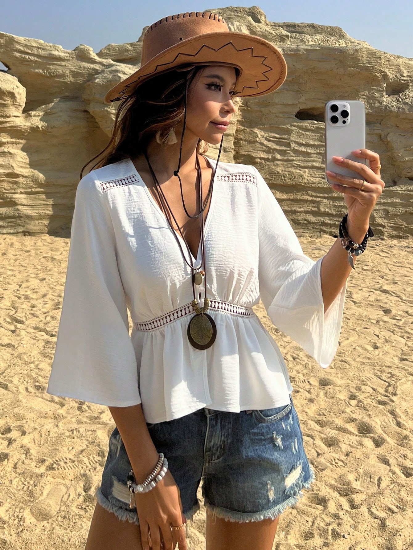 Contrast lace v-neck blouse