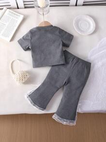 Baby Girl Casual Gray Round Neck Top + Gray Pants With Bowknot & Ruffle Decor 2Pcs Set, Summer