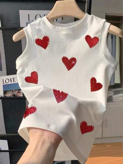 INAWLY Women's Casual Heart Print Rhinestone Decor Round Neck Tank Top