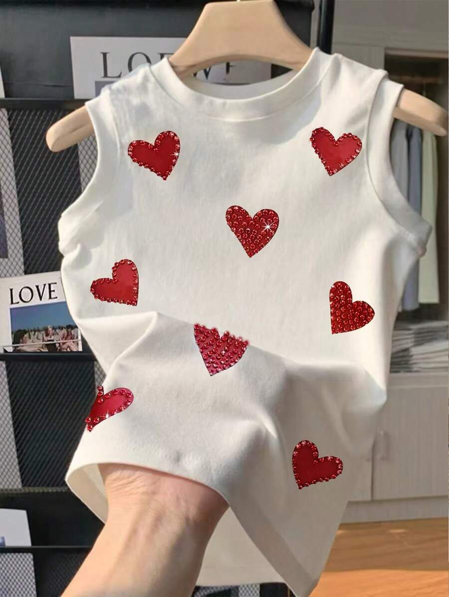 INAWLY Áo ba lỗ cổ tròn in hình trái tim trang trí đá Rhinestone giản dị cho nữ - trắng - Xem 1